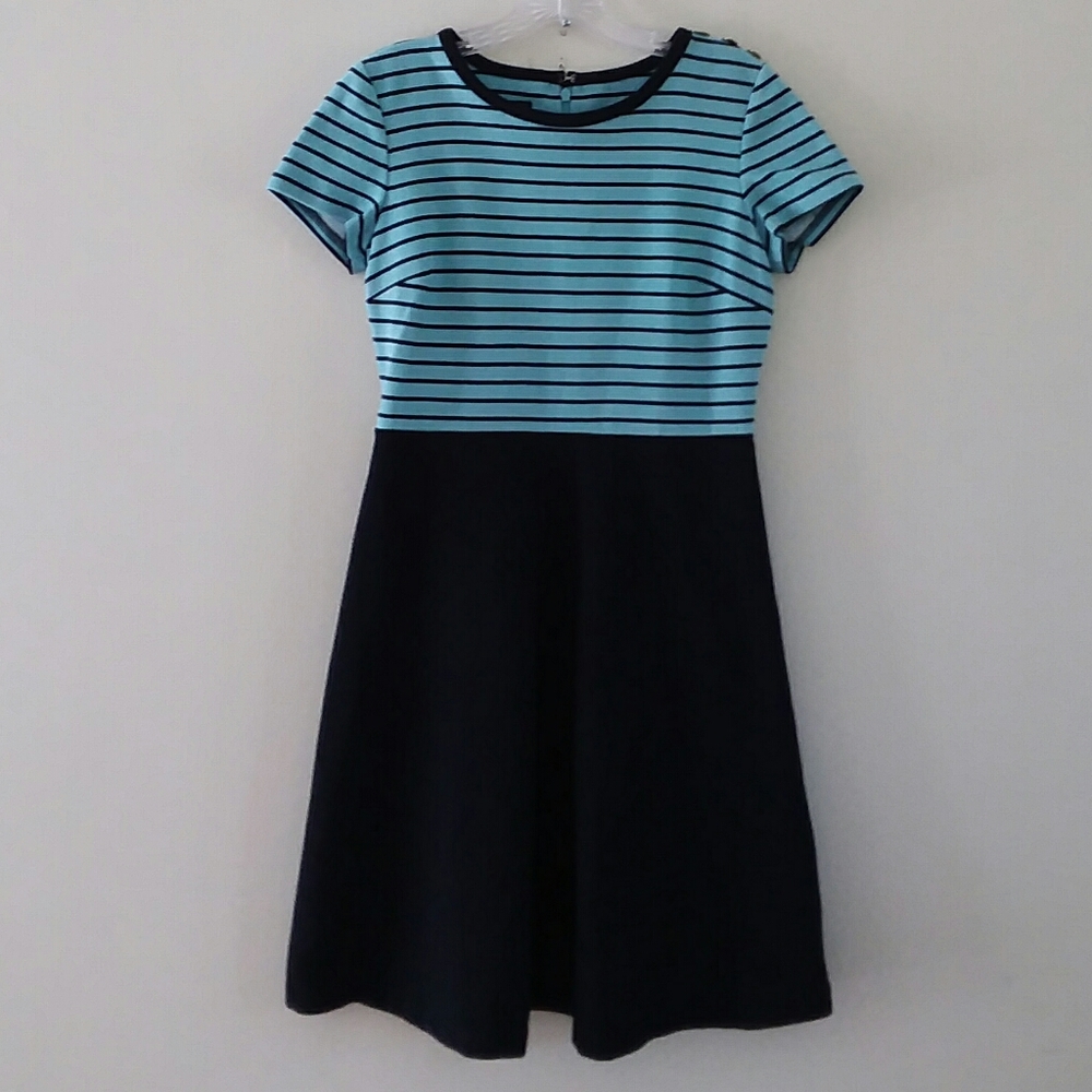 Striped Aqua & Black Fit-and-Flare Dress